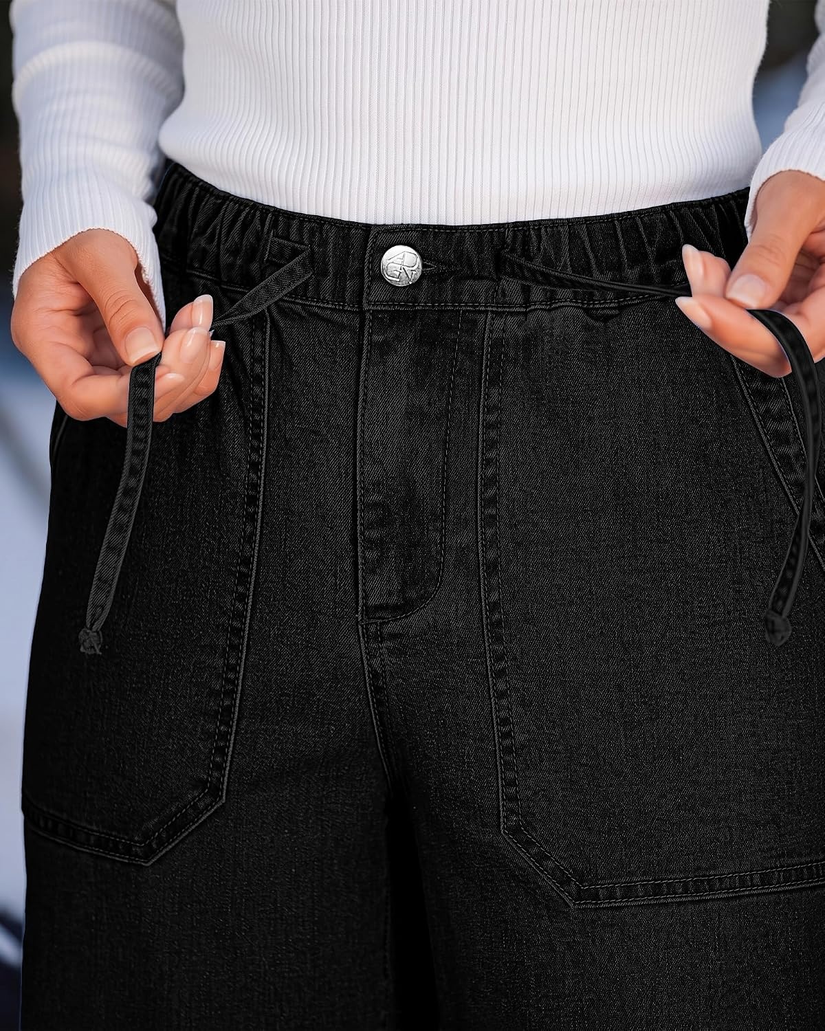image:imageLookbookStore Drawstring Wide Leg Jeans for Women Baggy Pull On Denim Pants High Rise Elastic Waistband Western Chic Style Patch Pockets Country Concert Outfits Adjustable Drawstring Stretch DenimWashed Black