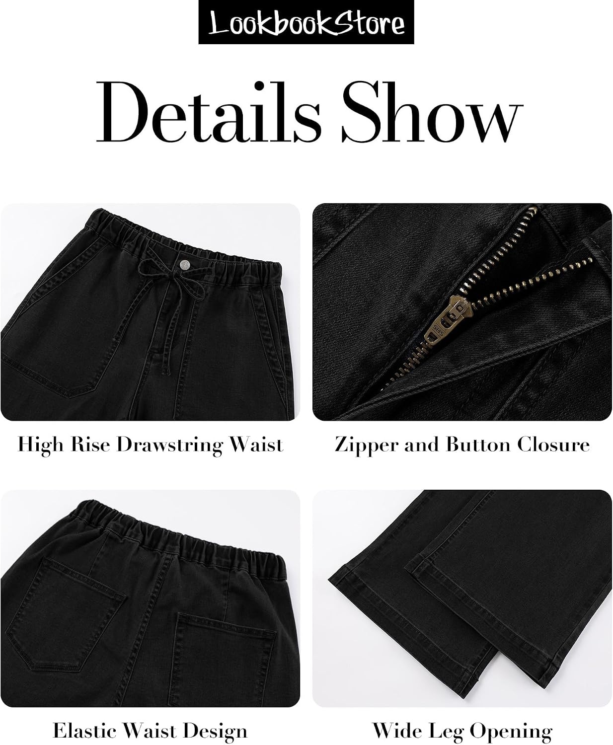 image:imageLookbookStore Drawstring Wide Leg Jeans for Women Baggy Pull On Denim Pants High Rise Elastic Waistband Western Chic Style Patch Pockets Country Concert Outfits Adjustable Drawstring Stretch DenimWashed Black