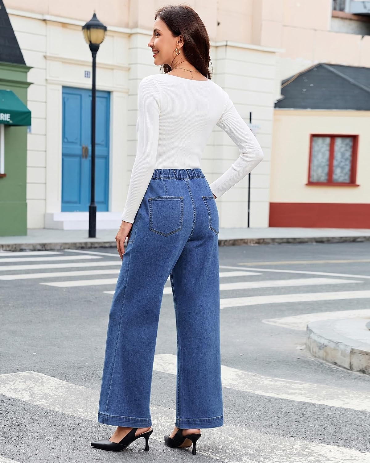 image:imageLookbookStore Drawstring Wide Leg Jeans for Women Baggy Pull On Denim Pants High Rise Elastic Waistband Western Chic Style Patch Pockets Country Concert Outfits Adjustable Drawstring Stretch DenimClassic Blue