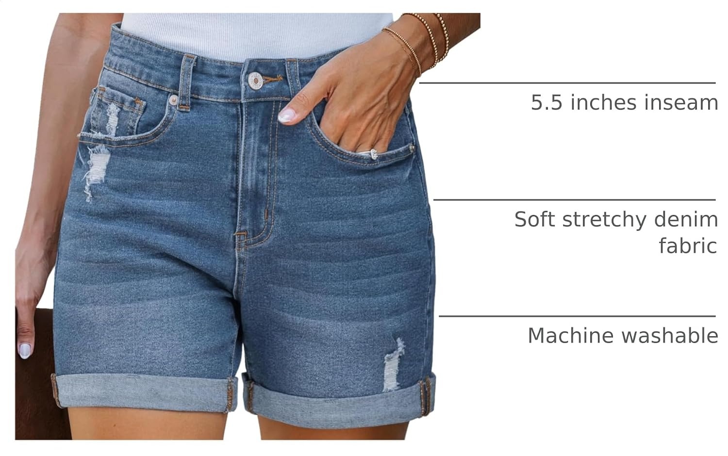 image:imageLookbookStore Jean Shorts Womens High Waisted Rolled Hem Ripped Denim Jorts Womens Denim Shorts High Rise Fit Stretchy Denim Distressed Ripped Folded Hem Mid Thigh Shorts Summer Vacation OutfitsLight Blue