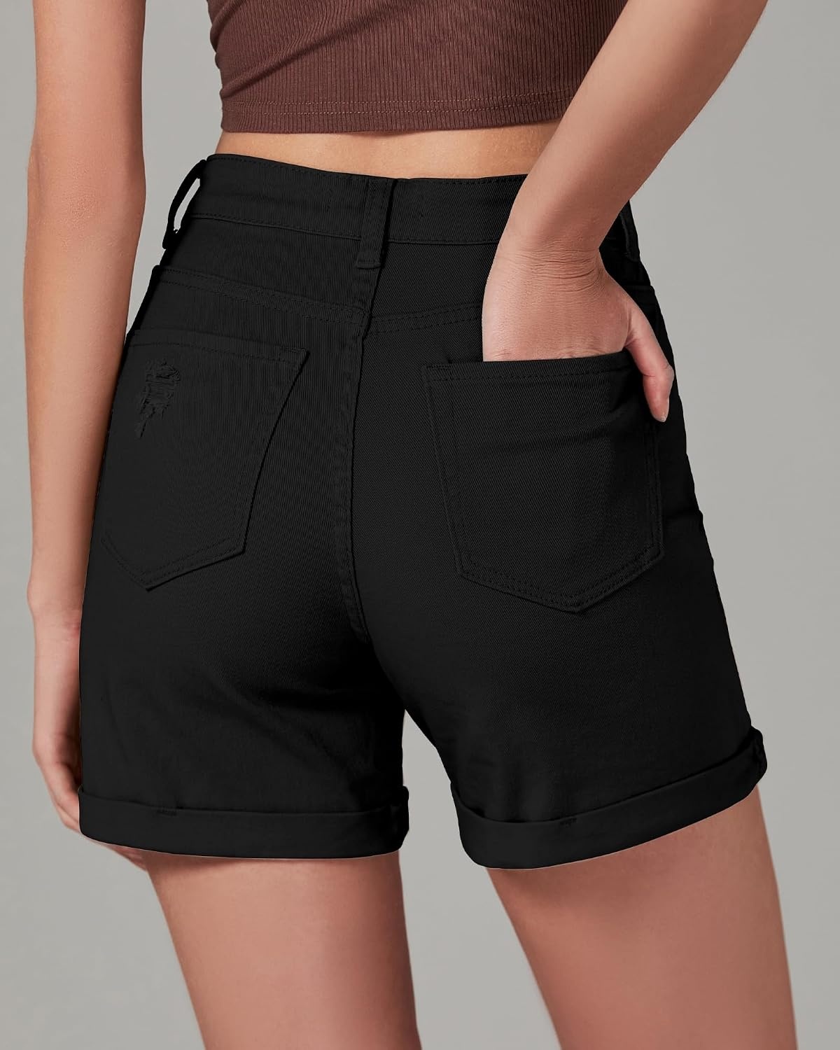 image:imageLookbookStore Jean Shorts Womens High Waisted Rolled Hem Ripped Denim Jorts Womens Denim Shorts High Rise Fit Stretchy Denim Distressed Ripped Folded Hem Mid Thigh Shorts Summer Vacation OutfitsTrue Black