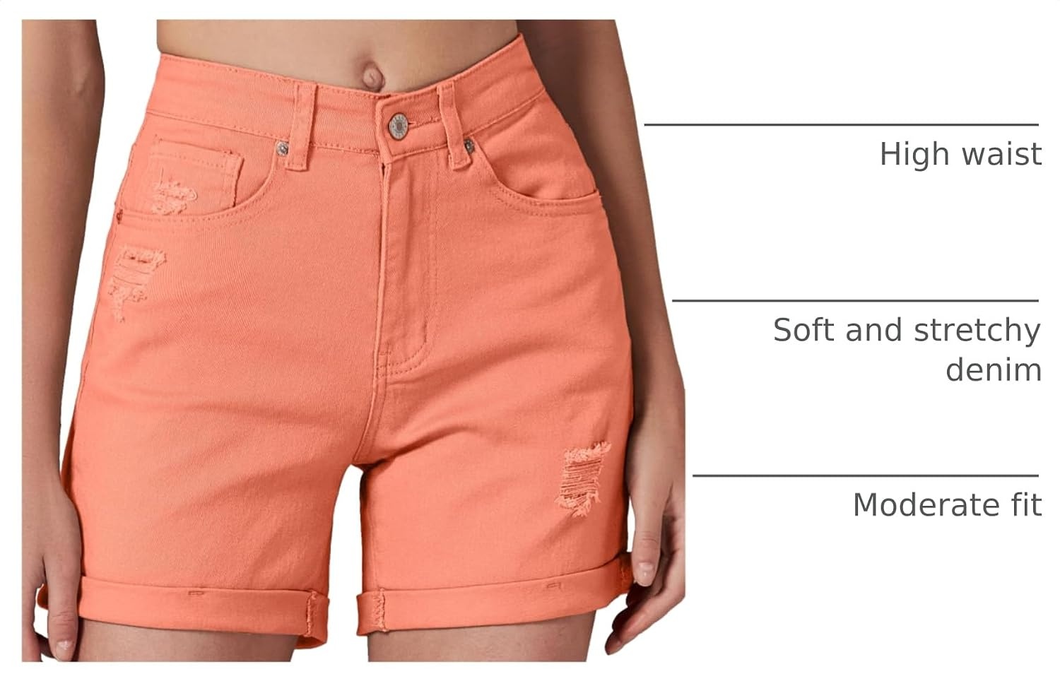 image:imageLookbookStore Jean Shorts Womens High Waisted Rolled Hem Ripped Denim Jorts Womens Denim Shorts High Rise Fit Stretchy Denim Distressed Ripped Folded Hem Mid Thigh Shorts Summer Vacation OutfitsSalmon