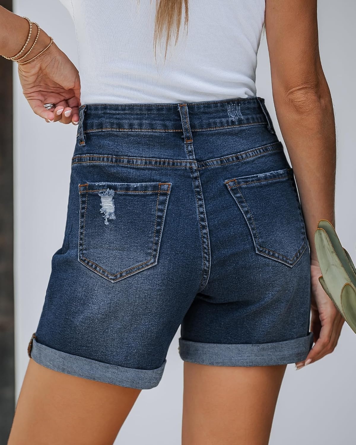 image:imageLookbookStore Jean Shorts Womens High Waisted Rolled Hem Ripped Denim Jorts Womens Denim Shorts High Rise Fit Stretchy Denim Distressed Ripped Folded Hem Mid Thigh Shorts Summer Vacation OutfitsDarkness Blue