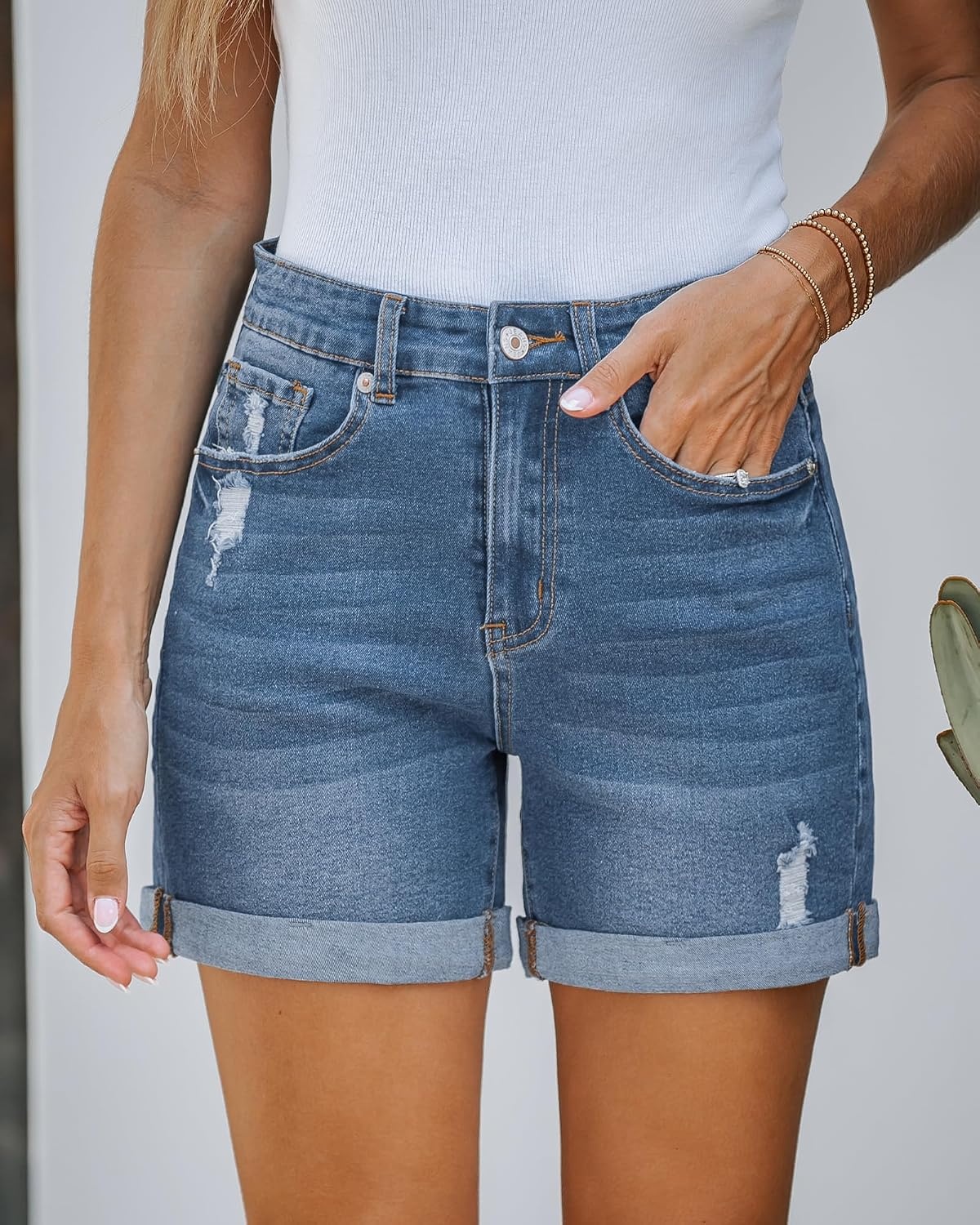 image:imageLookbookStore Jean Shorts Womens High Waisted Rolled Hem Ripped Denim Jorts Womens Denim Shorts High Rise Fit Stretchy Denim Distressed Ripped Folded Hem Mid Thigh Shorts Summer Vacation OutfitsLight Blue