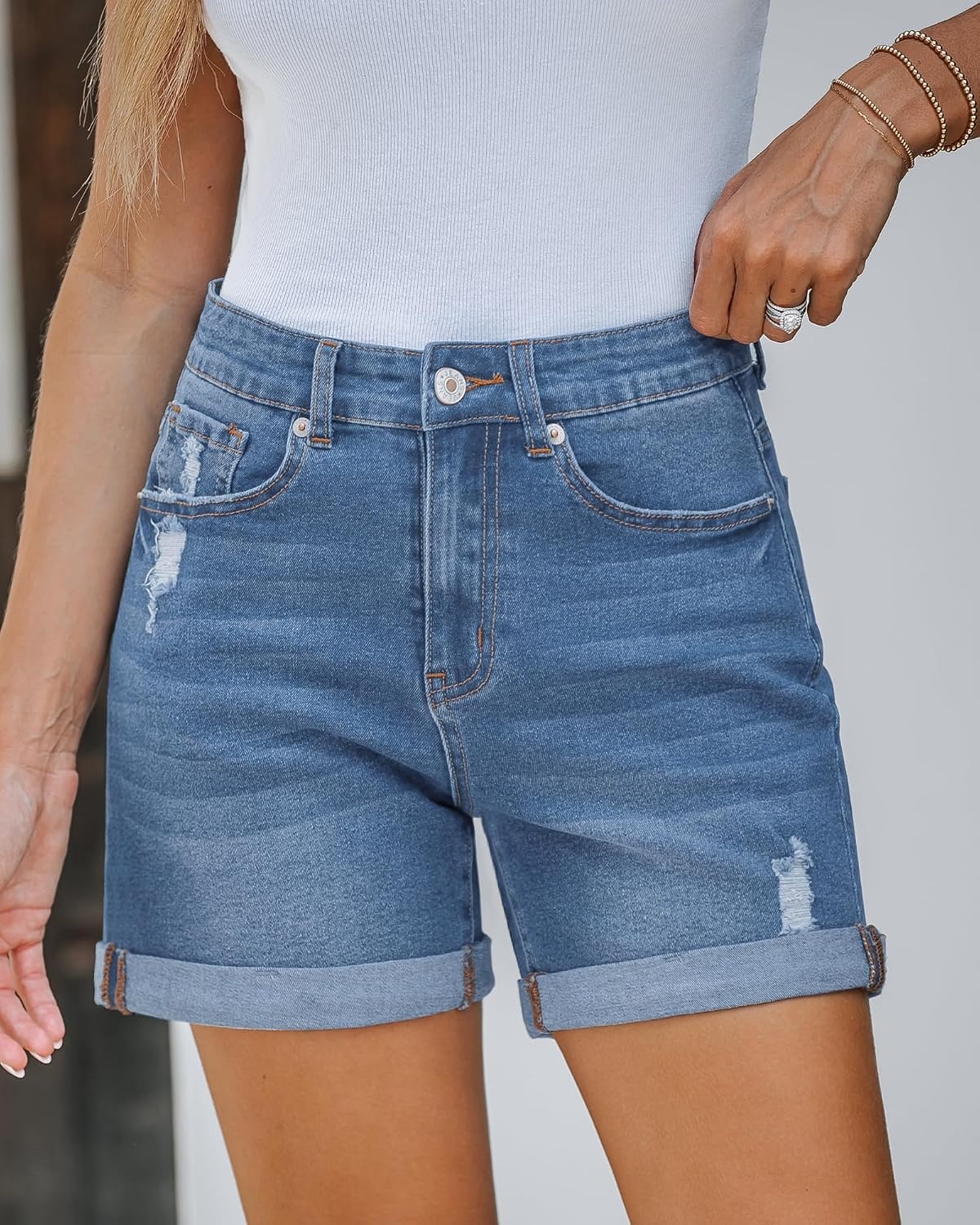 image:imageLookbookStore Jean Shorts Womens High Waisted Rolled Hem Ripped Denim Jorts Womens Denim Shorts High Rise Fit Stretchy Denim Distressed Ripped Folded Hem Mid Thigh Shorts Summer Vacation OutfitsLapis Air