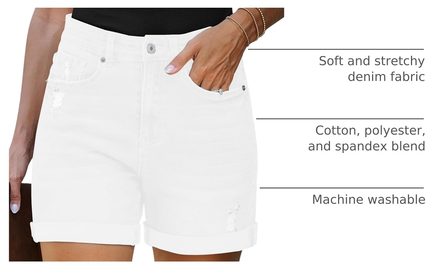 image:imageLookbookStore Jean Shorts Womens High Waisted Rolled Hem Ripped Denim Jorts Womens Denim Shorts High Rise Fit Stretchy Denim Distressed Ripped Folded Hem Mid Thigh Shorts Summer Vacation OutfitsBrilliant White