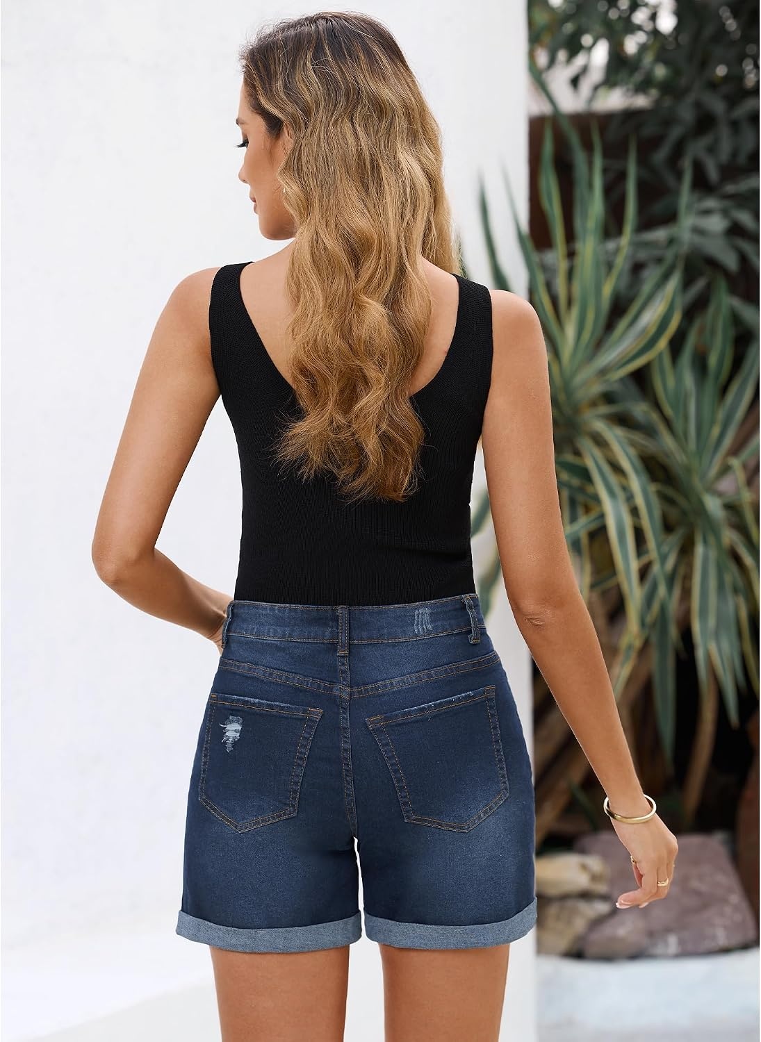 image:imageLookbookStore Jean Shorts Womens High Waisted Rolled Hem Ripped Denim Jorts Womens Denim Shorts High Rise Fit Stretchy Denim Distressed Ripped Folded Hem Mid Thigh Shorts Summer Vacation OutfitsNightfall Blue