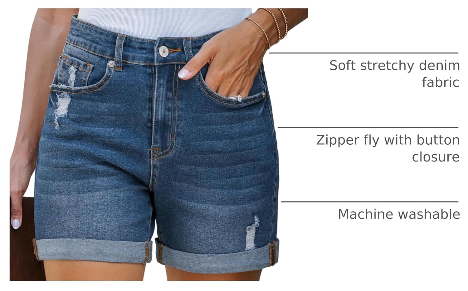 image:imageLookbookStore Jean Shorts Womens High Waisted Rolled Hem Ripped Denim Jorts Womens Denim Shorts High Rise Fit Stretchy Denim Distressed Ripped Folded Hem Mid Thigh Shorts Summer Vacation OutfitsAfter Dusk Blue