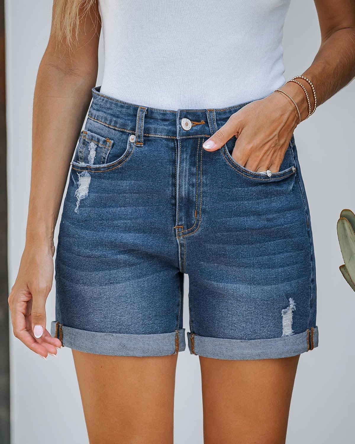 image:imageLookbookStore Jean Shorts Womens High Waisted Rolled Hem Ripped Denim Jorts Womens Denim Shorts High Rise Fit Stretchy Denim Distressed Ripped Folded Hem Mid Thigh Shorts Summer Vacation OutfitsAfter Dusk Blue