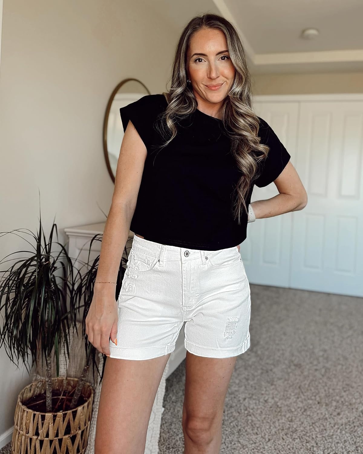 image:imageLookbookStore Jean Shorts Womens High Waisted Rolled Hem Ripped Denim Jorts Womens Denim Shorts High Rise Fit Stretchy Denim Distressed Ripped Folded Hem Mid Thigh Shorts Summer Vacation OutfitsBrilliant White