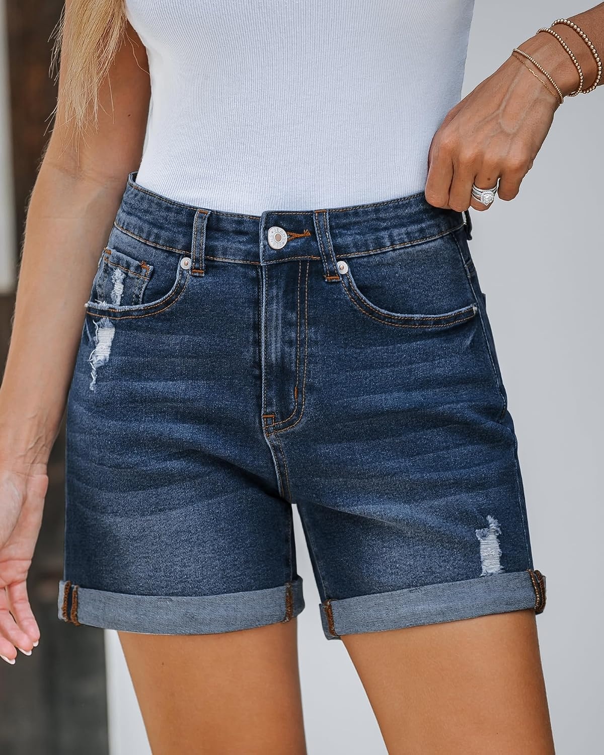 image:imageLookbookStore Jean Shorts Womens High Waisted Rolled Hem Ripped Denim Jorts Womens Denim Shorts High Rise Fit Stretchy Denim Distressed Ripped Folded Hem Mid Thigh Shorts Summer Vacation OutfitsDarkness Blue