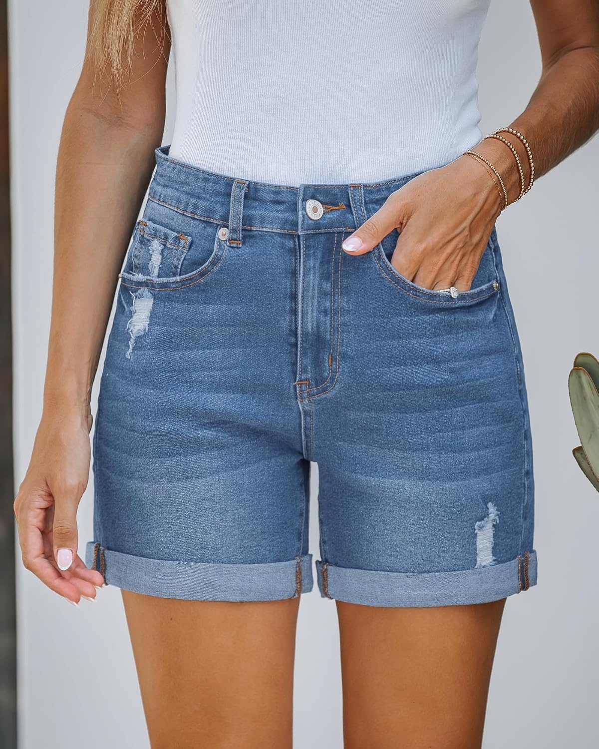 image:imageLookbookStore Jean Shorts Womens High Waisted Rolled Hem Ripped Denim Jorts Womens Denim Shorts High Rise Fit Stretchy Denim Distressed Ripped Folded Hem Mid Thigh Shorts Summer Vacation OutfitsLapis Air