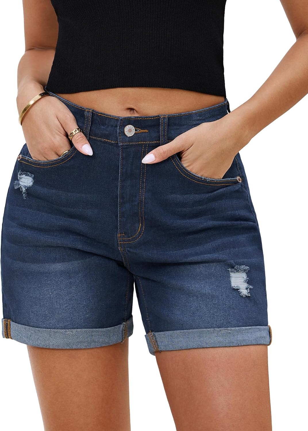 image:imageLookbookStore Jean Shorts Womens High Waisted Rolled Hem Ripped Denim Jorts Womens Denim Shorts High Rise Fit Stretchy Denim Distressed Ripped Folded Hem Mid Thigh Shorts Summer Vacation OutfitsNightfall Blue