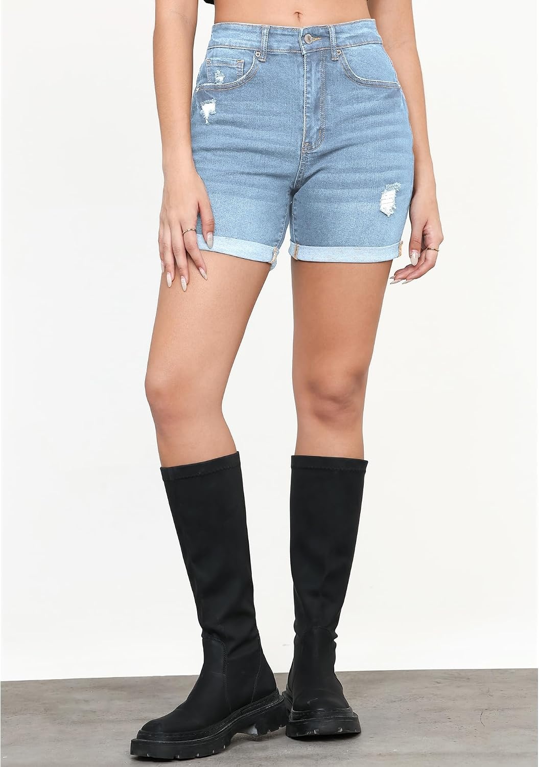 image:imageLookbookStore Jean Shorts Womens High Waisted Rolled Hem Ripped Denim Jorts Womens Denim Shorts High Rise Fit Stretchy Denim Distressed Ripped Folded Hem Mid Thigh Shorts Summer Vacation OutfitsCool Blue