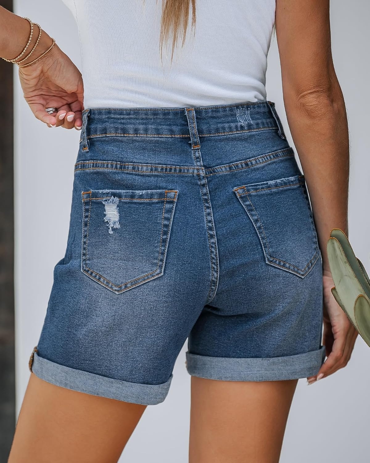 image:imageLookbookStore Jean Shorts Womens High Waisted Rolled Hem Ripped Denim Jorts Womens Denim Shorts High Rise Fit Stretchy Denim Distressed Ripped Folded Hem Mid Thigh Shorts Summer Vacation OutfitsAfter Dusk Blue