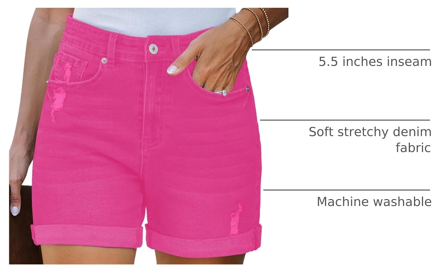 image:imageLookbookStore Jean Shorts Womens High Waisted Rolled Hem Ripped Denim Jorts Womens Denim Shorts High Rise Fit Stretchy Denim Distressed Ripped Folded Hem Mid Thigh Shorts Summer Vacation OutfitsHot Pink
