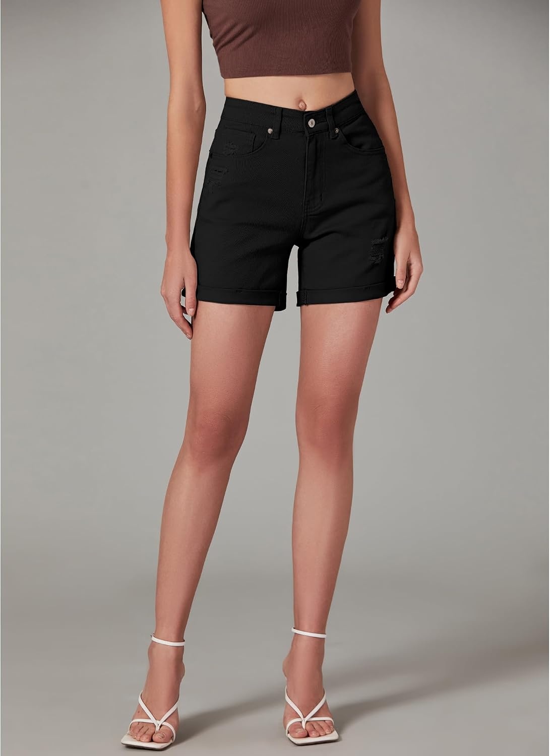 image:imageLookbookStore Jean Shorts Womens High Waisted Rolled Hem Ripped Denim Jorts Womens Denim Shorts High Rise Fit Stretchy Denim Distressed Ripped Folded Hem Mid Thigh Shorts Summer Vacation OutfitsTrue Black