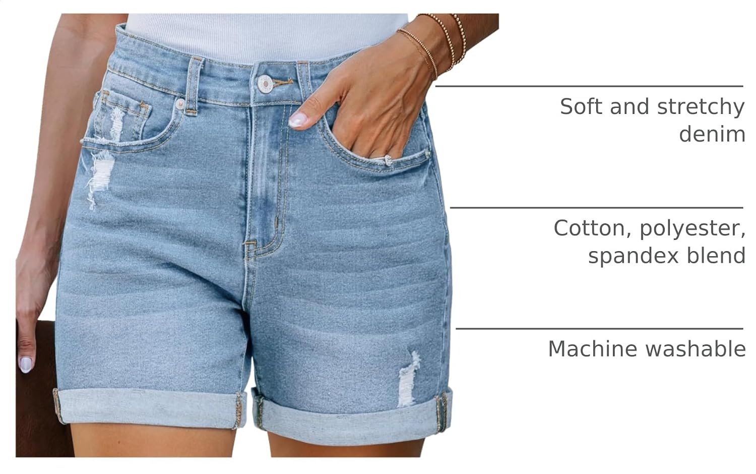 image:imageLookbookStore Jean Shorts Womens High Waisted Rolled Hem Ripped Denim Jorts Womens Denim Shorts High Rise Fit Stretchy Denim Distressed Ripped Folded Hem Mid Thigh Shorts Summer Vacation OutfitsCool Blue