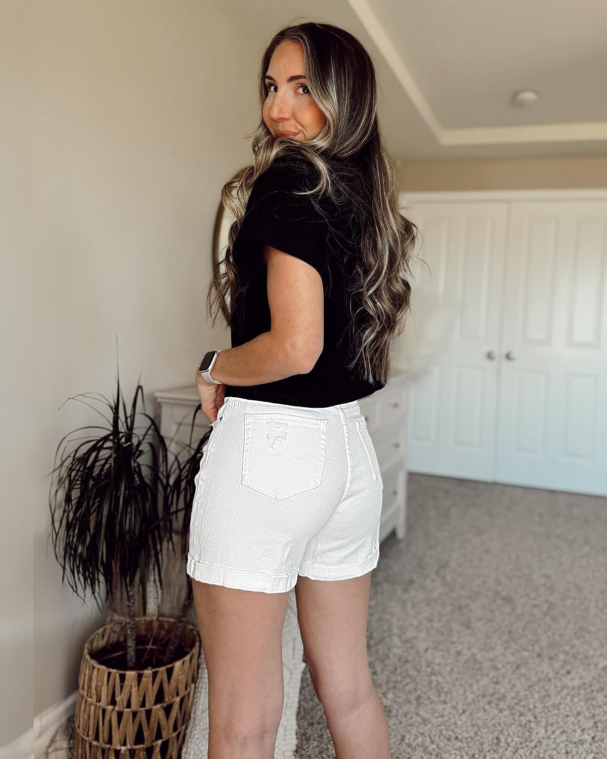 image:imageLookbookStore Jean Shorts Womens High Waisted Rolled Hem Ripped Denim Jorts Womens Denim Shorts High Rise Fit Stretchy Denim Distressed Ripped Folded Hem Mid Thigh Shorts Summer Vacation OutfitsBrilliant White