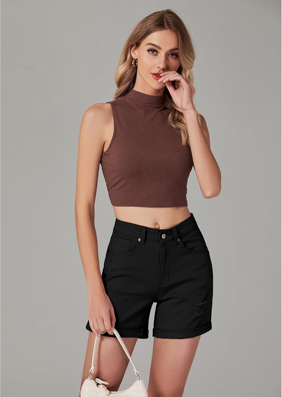 image:imageLookbookStore Jean Shorts Womens High Waisted Rolled Hem Ripped Denim Jorts Womens Denim Shorts High Rise Fit Stretchy Denim Distressed Ripped Folded Hem Mid Thigh Shorts Summer Vacation OutfitsTrue Black