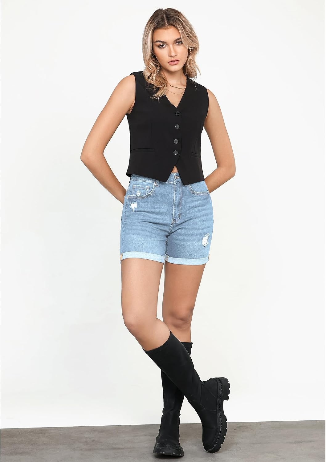 image:imageLookbookStore Jean Shorts Womens High Waisted Rolled Hem Ripped Denim Jorts Womens Denim Shorts High Rise Fit Stretchy Denim Distressed Ripped Folded Hem Mid Thigh Shorts Summer Vacation OutfitsCool Blue