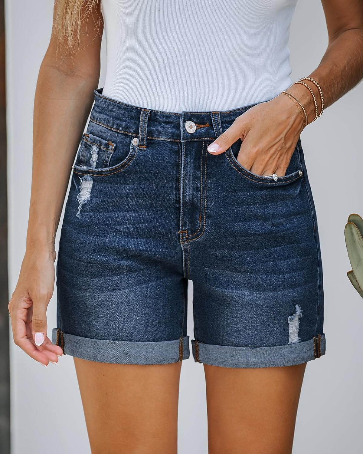 image:imageLookbookStore Jean Shorts Womens High Waisted Rolled Hem Ripped Denim Jorts Womens Denim Shorts High Rise Fit Stretchy Denim Distressed Ripped Folded Hem Mid Thigh Shorts Summer Vacation OutfitsDarkness Blue
