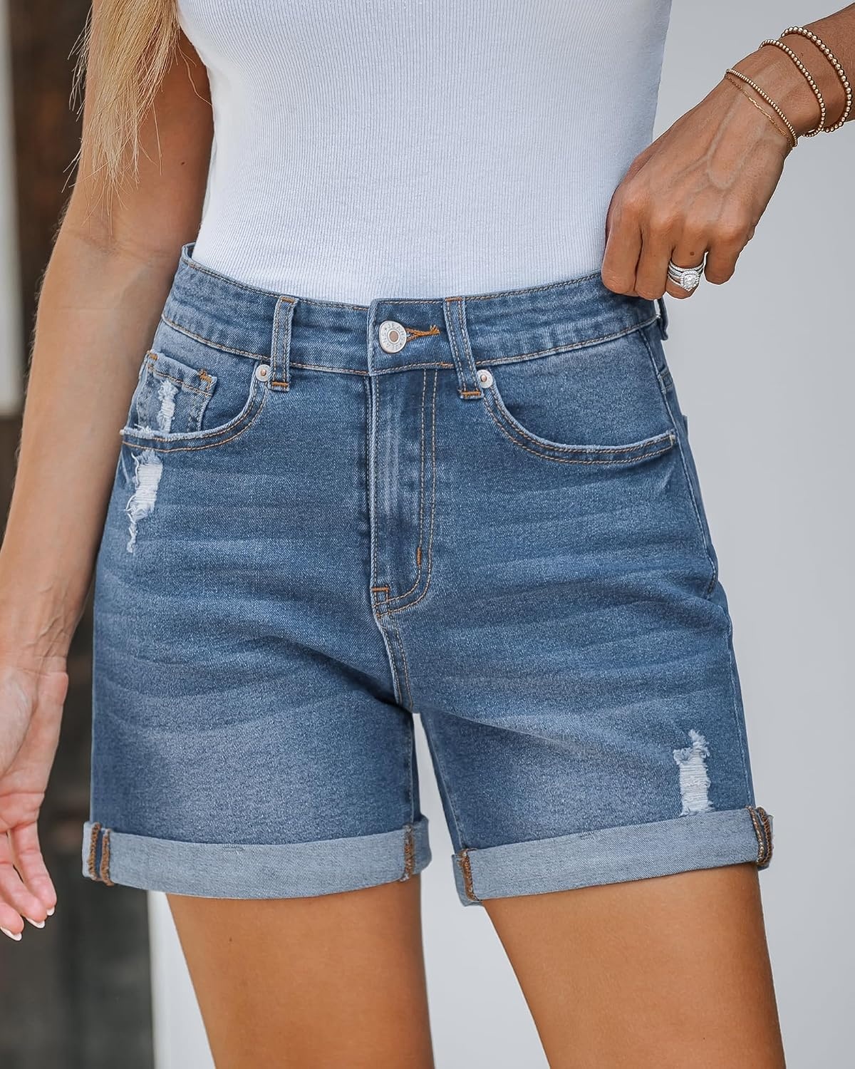 image:imageLookbookStore Jean Shorts Womens High Waisted Rolled Hem Ripped Denim Jorts Womens Denim Shorts High Rise Fit Stretchy Denim Distressed Ripped Folded Hem Mid Thigh Shorts Summer Vacation OutfitsLight Blue