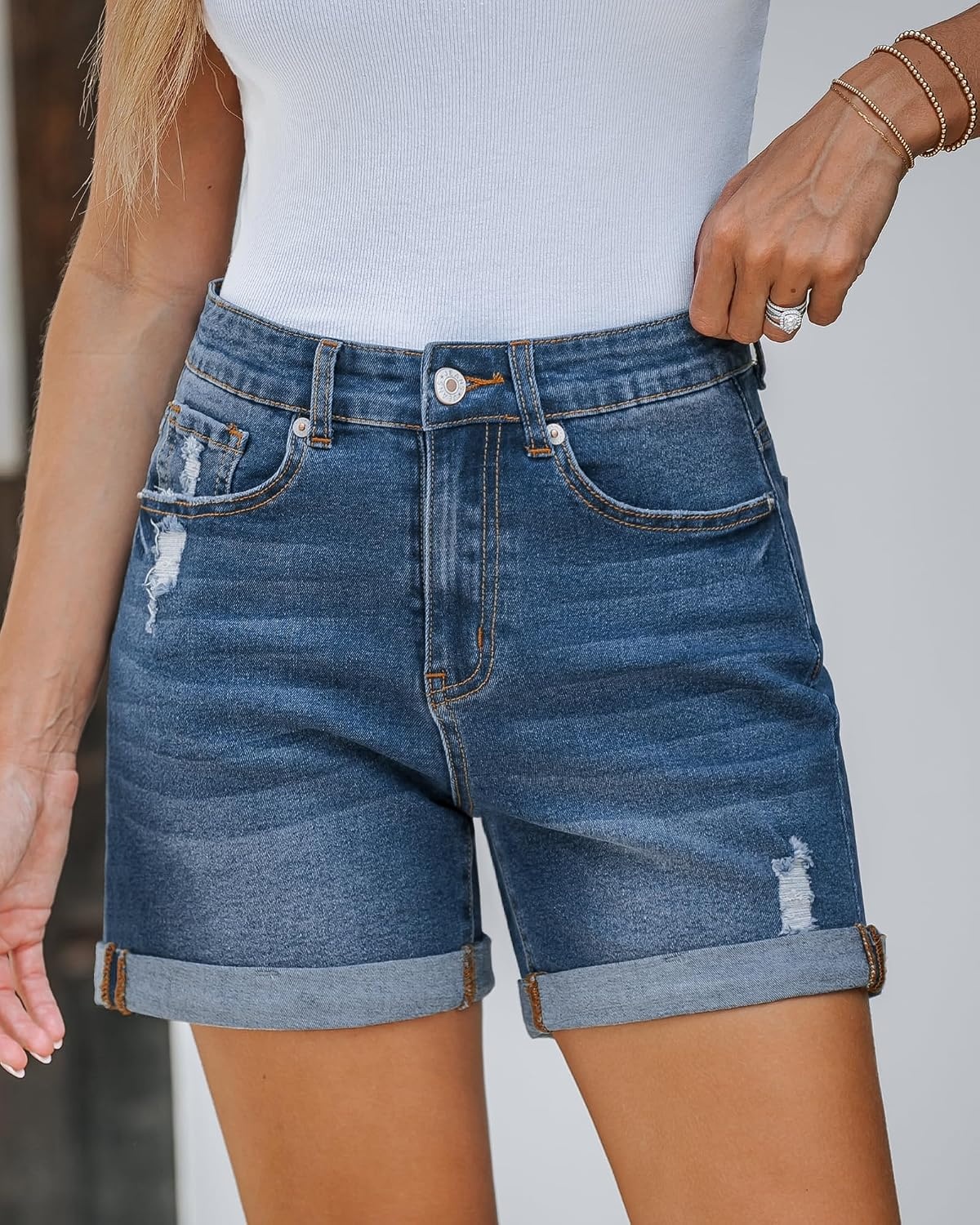 image:imageLookbookStore Jean Shorts Womens High Waisted Rolled Hem Ripped Denim Jorts Womens Denim Shorts High Rise Fit Stretchy Denim Distressed Ripped Folded Hem Mid Thigh Shorts Summer Vacation OutfitsAfter Dusk Blue
