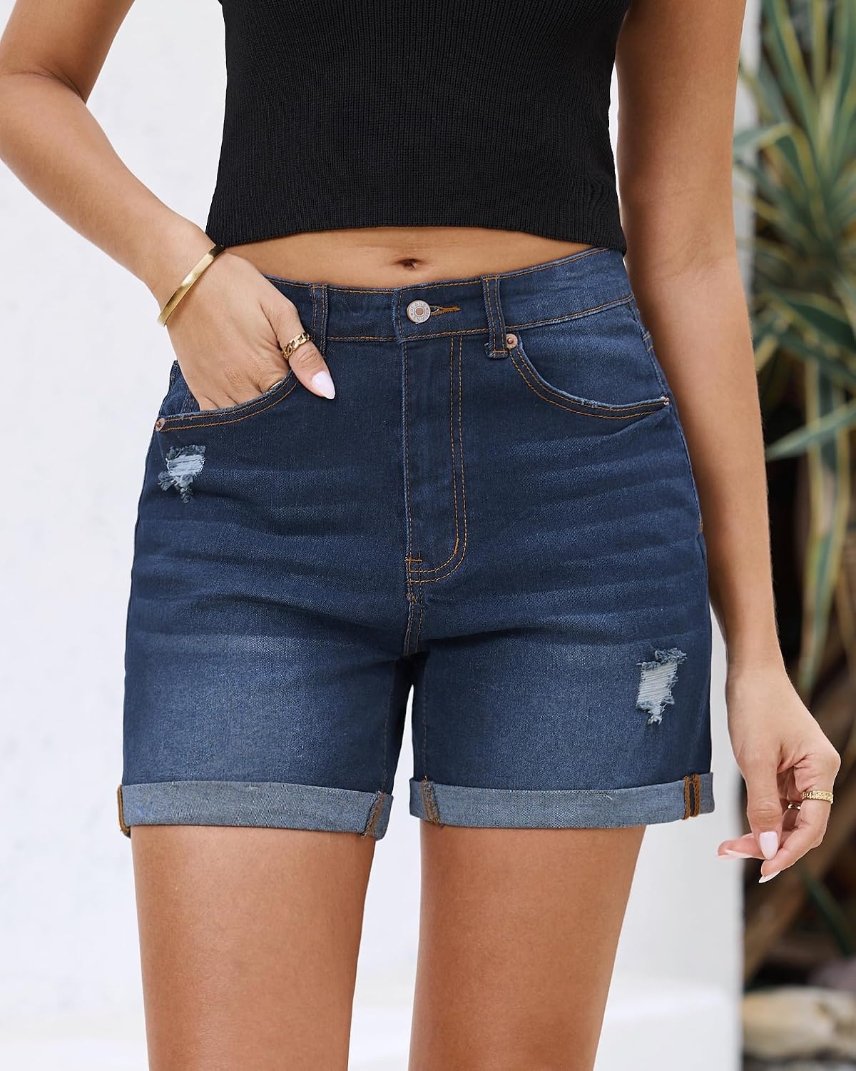 image:imageLookbookStore Jean Shorts Womens High Waisted Rolled Hem Ripped Denim Jorts Womens Denim Shorts High Rise Fit Stretchy Denim Distressed Ripped Folded Hem Mid Thigh Shorts Summer Vacation OutfitsNightfall Blue