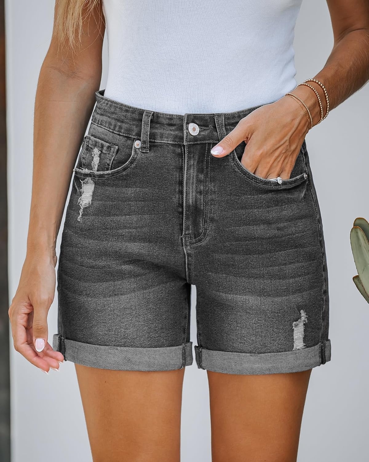image:imageLookbookStore Jean Shorts Womens High Waisted Rolled Hem Ripped Denim Jorts Womens Denim Shorts High Rise Fit Stretchy Denim Distressed Ripped Folded Hem Mid Thigh Shorts Summer Vacation OutfitsFaded Black