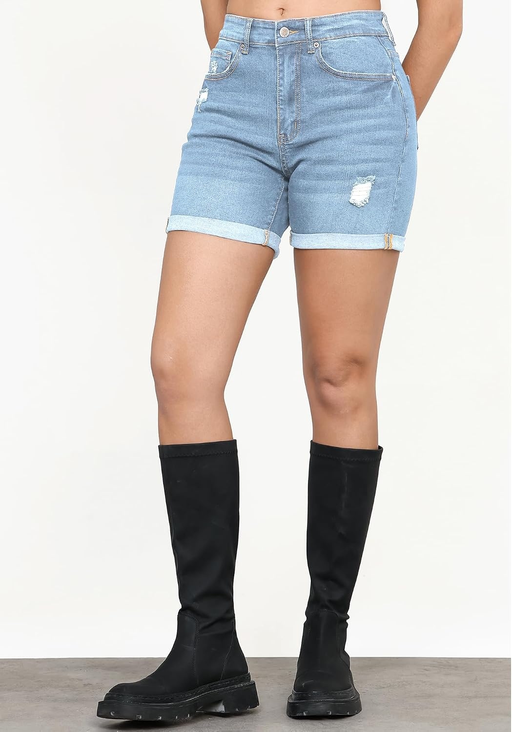 image:imageLookbookStore Jean Shorts Womens High Waisted Rolled Hem Ripped Denim Jorts Womens Denim Shorts High Rise Fit Stretchy Denim Distressed Ripped Folded Hem Mid Thigh Shorts Summer Vacation OutfitsCool Blue