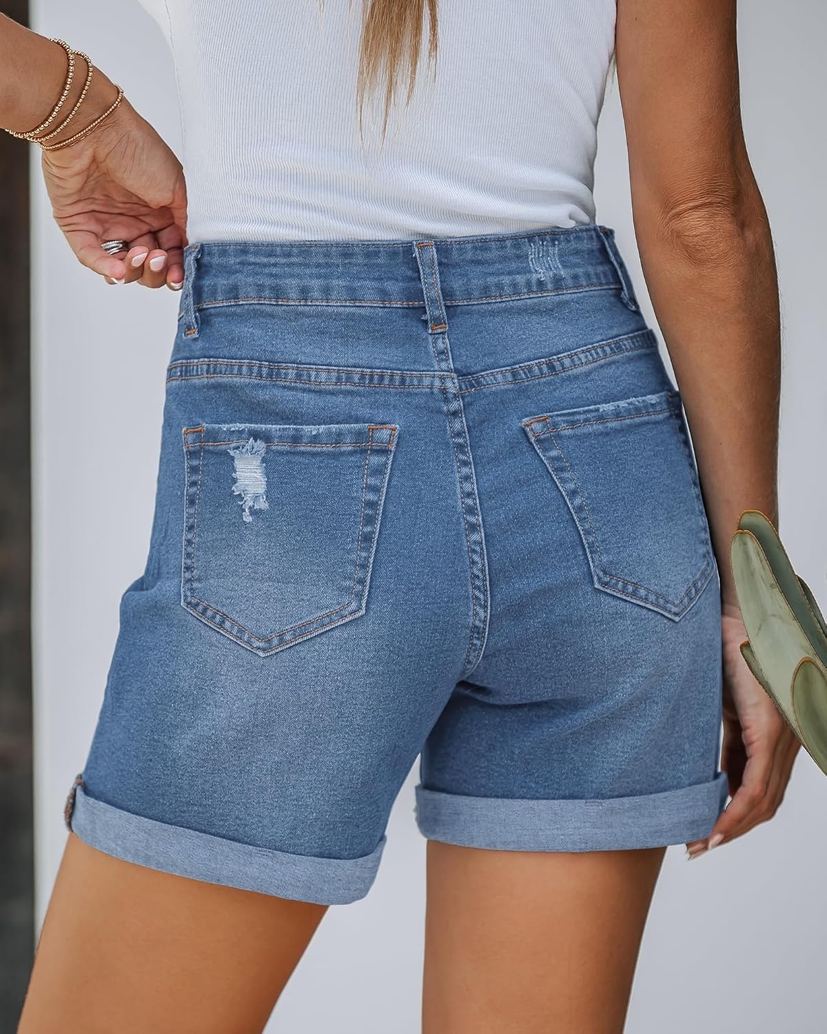 image:imageLookbookStore Jean Shorts Womens High Waisted Rolled Hem Ripped Denim Jorts Womens Denim Shorts High Rise Fit Stretchy Denim Distressed Ripped Folded Hem Mid Thigh Shorts Summer Vacation OutfitsLapis Air