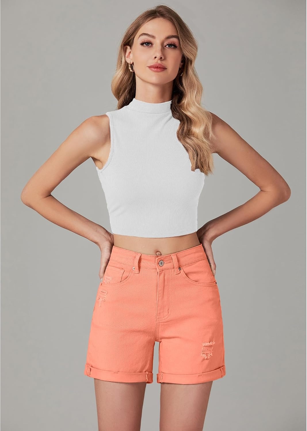 image:imageLookbookStore Jean Shorts Womens High Waisted Rolled Hem Ripped Denim Jorts Womens Denim Shorts High Rise Fit Stretchy Denim Distressed Ripped Folded Hem Mid Thigh Shorts Summer Vacation OutfitsSalmon