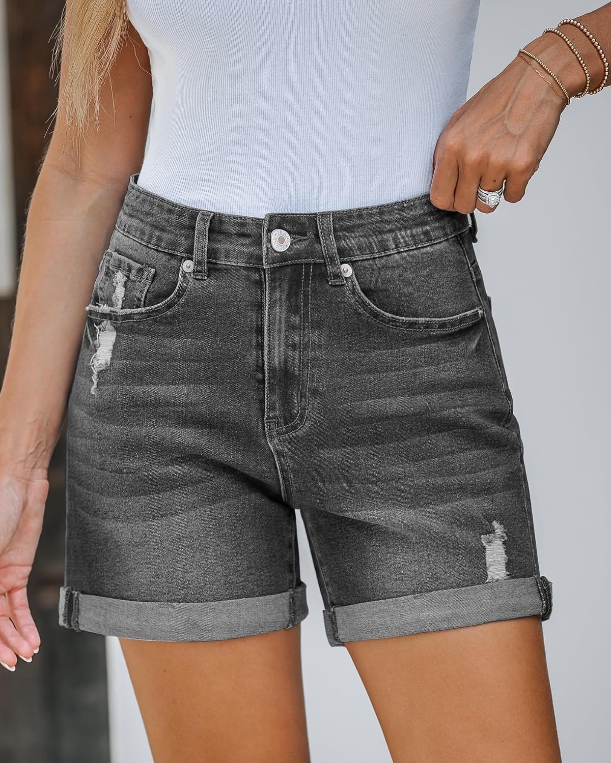 image:imageLookbookStore Jean Shorts Womens High Waisted Rolled Hem Ripped Denim Jorts Womens Denim Shorts High Rise Fit Stretchy Denim Distressed Ripped Folded Hem Mid Thigh Shorts Summer Vacation OutfitsFaded Black