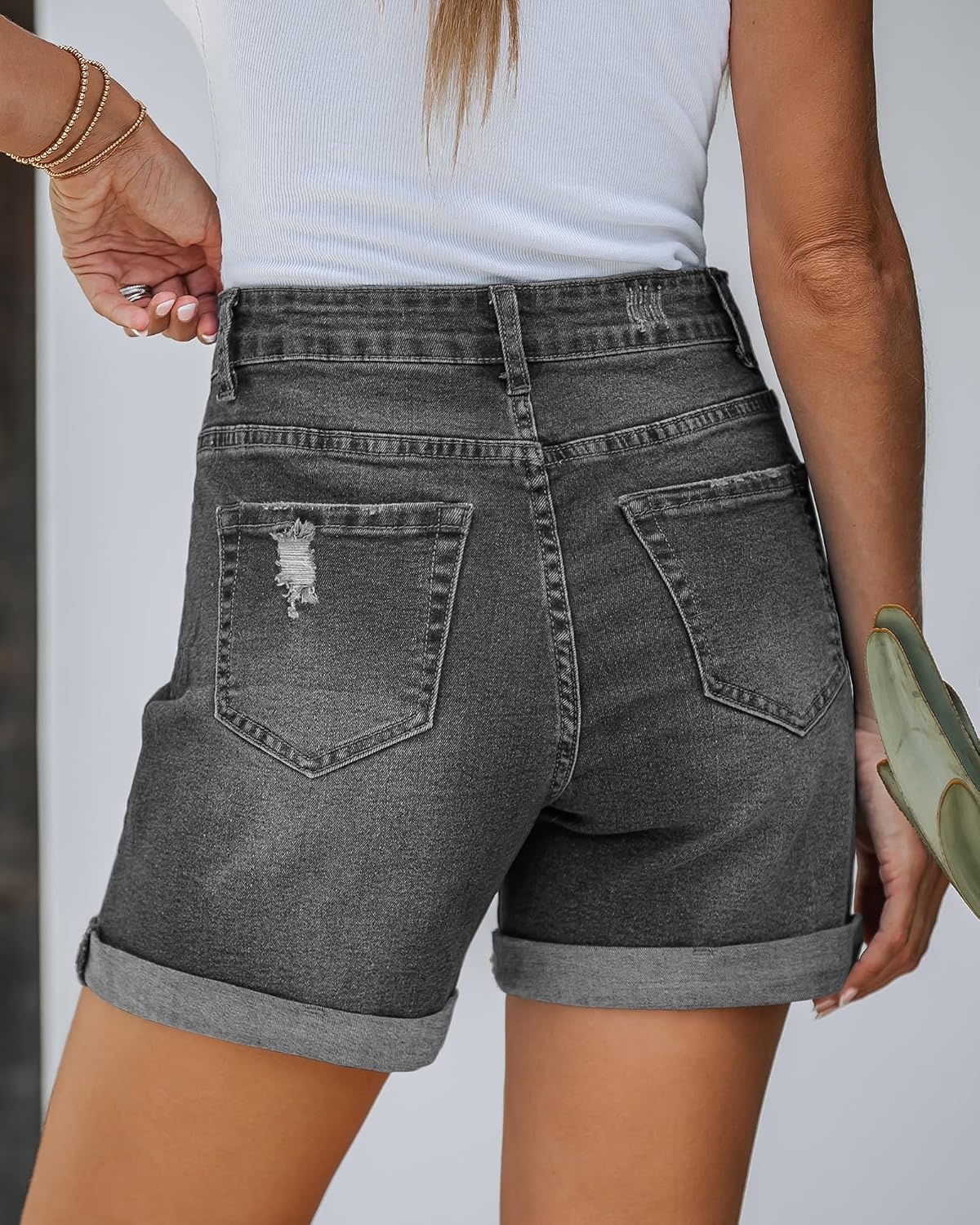 image:imageLookbookStore Jean Shorts Womens High Waisted Rolled Hem Ripped Denim Jorts Womens Denim Shorts High Rise Fit Stretchy Denim Distressed Ripped Folded Hem Mid Thigh Shorts Summer Vacation OutfitsFaded Black