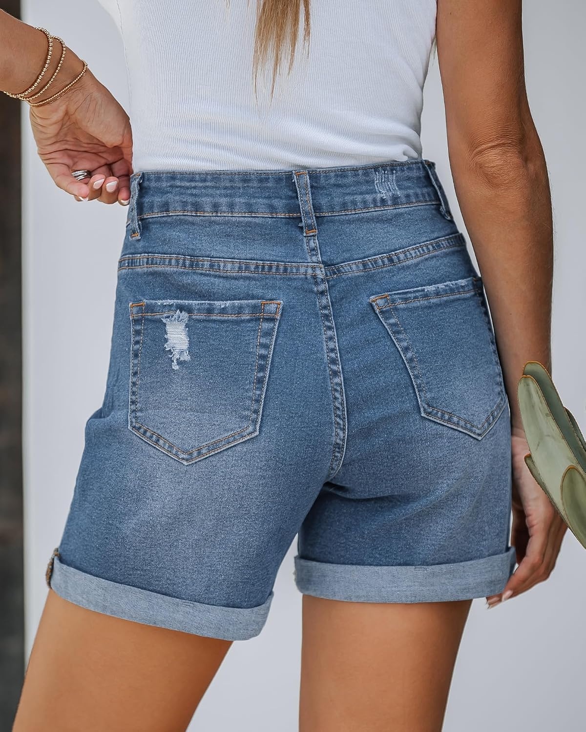 image:imageLookbookStore Jean Shorts Womens High Waisted Rolled Hem Ripped Denim Jorts Womens Denim Shorts High Rise Fit Stretchy Denim Distressed Ripped Folded Hem Mid Thigh Shorts Summer Vacation OutfitsLight Blue