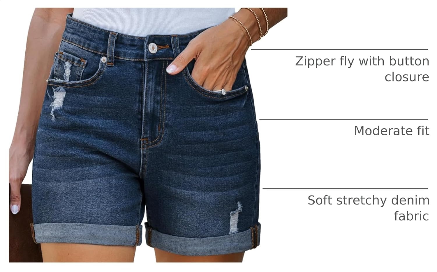 image:imageLookbookStore Jean Shorts Womens High Waisted Rolled Hem Ripped Denim Jorts Womens Denim Shorts High Rise Fit Stretchy Denim Distressed Ripped Folded Hem Mid Thigh Shorts Summer Vacation OutfitsDarkness Blue