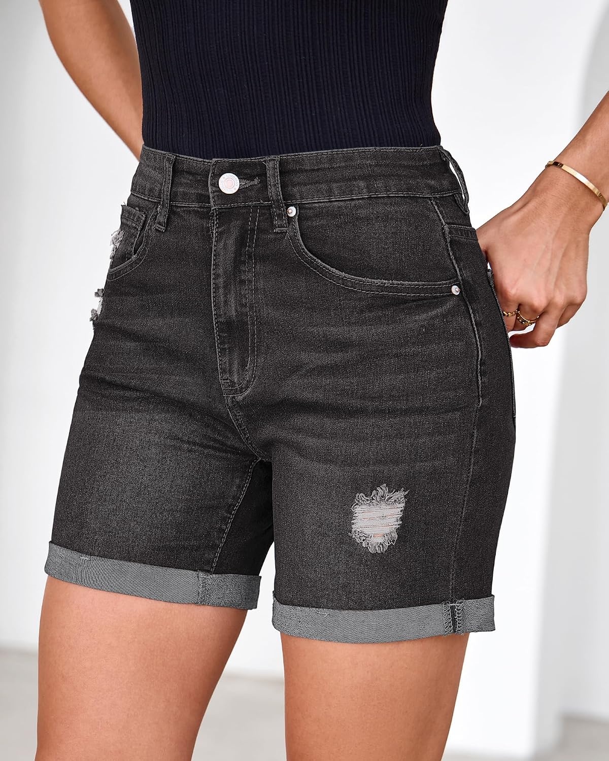 image:imageLookbookStore Jean Shorts Womens High Waisted Rolled Hem Ripped Denim Jorts Womens Denim Shorts High Rise Fit Stretchy Denim Distressed Ripped Folded Hem Mid Thigh Shorts Summer Vacation OutfitsBlack