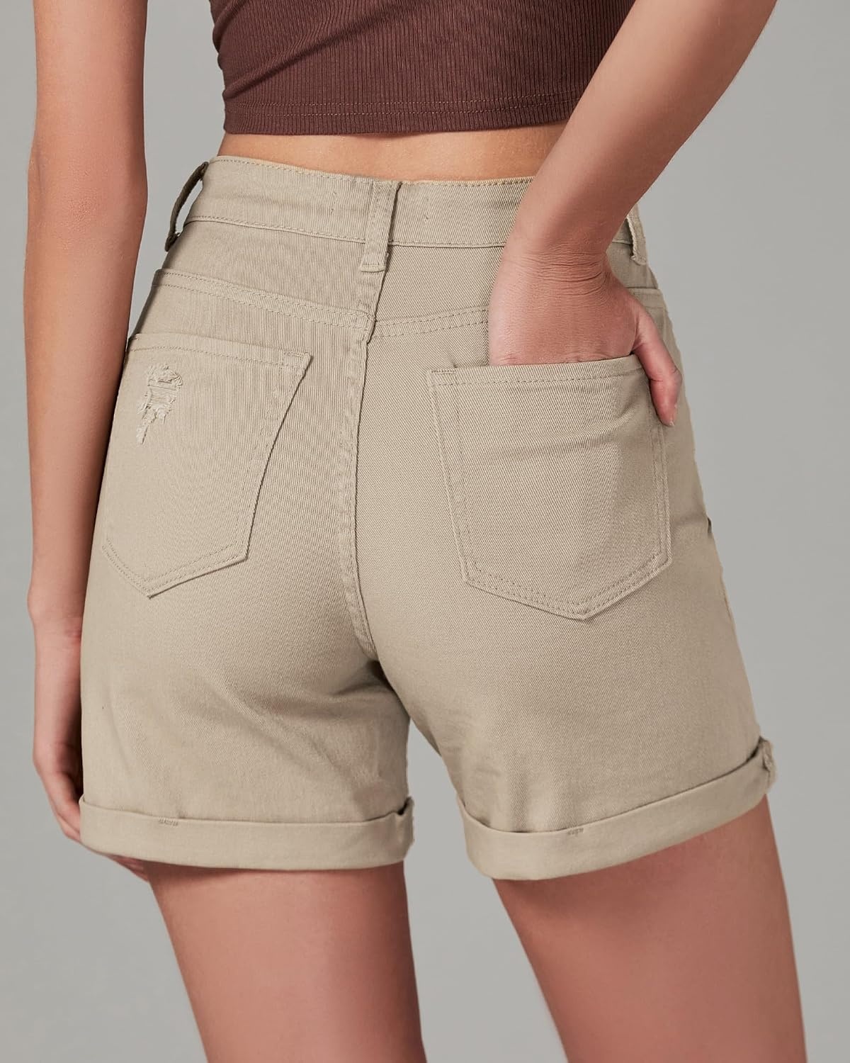 image:imageLookbookStore Jean Shorts Womens High Waisted Rolled Hem Ripped Denim Jorts Womens Denim Shorts High Rise Fit Stretchy Denim Distressed Ripped Folded Hem Mid Thigh Shorts Summer Vacation OutfitsKhaki