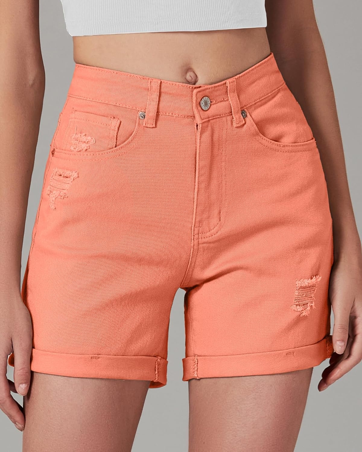 image:imageLookbookStore Jean Shorts Womens High Waisted Rolled Hem Ripped Denim Jorts Womens Denim Shorts High Rise Fit Stretchy Denim Distressed Ripped Folded Hem Mid Thigh Shorts Summer Vacation OutfitsSalmon