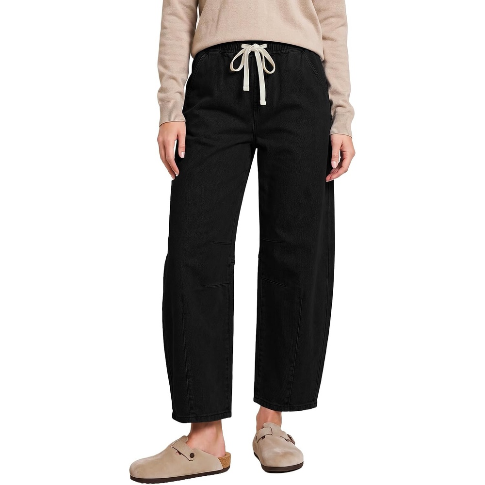 image:imageLookbookStore Barrel Jeans Women High Waisted Drawstring Crop Denim Pants Barrel Leg 27 Inch Inseam Womens Pants High Rise with Elastic Waist Seam Front Pull On Baggy Cropped Jeans Daily CasualTrue Black