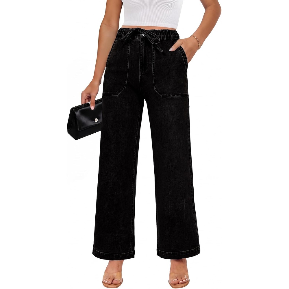 image:imageLookbookStore Drawstring Wide Leg Jeans for Women Baggy Pull On Denim Pants High Rise Elastic Waistband Western Chic Style Patch Pockets Country Concert Outfits Adjustable Drawstring Stretch DenimWashed Black