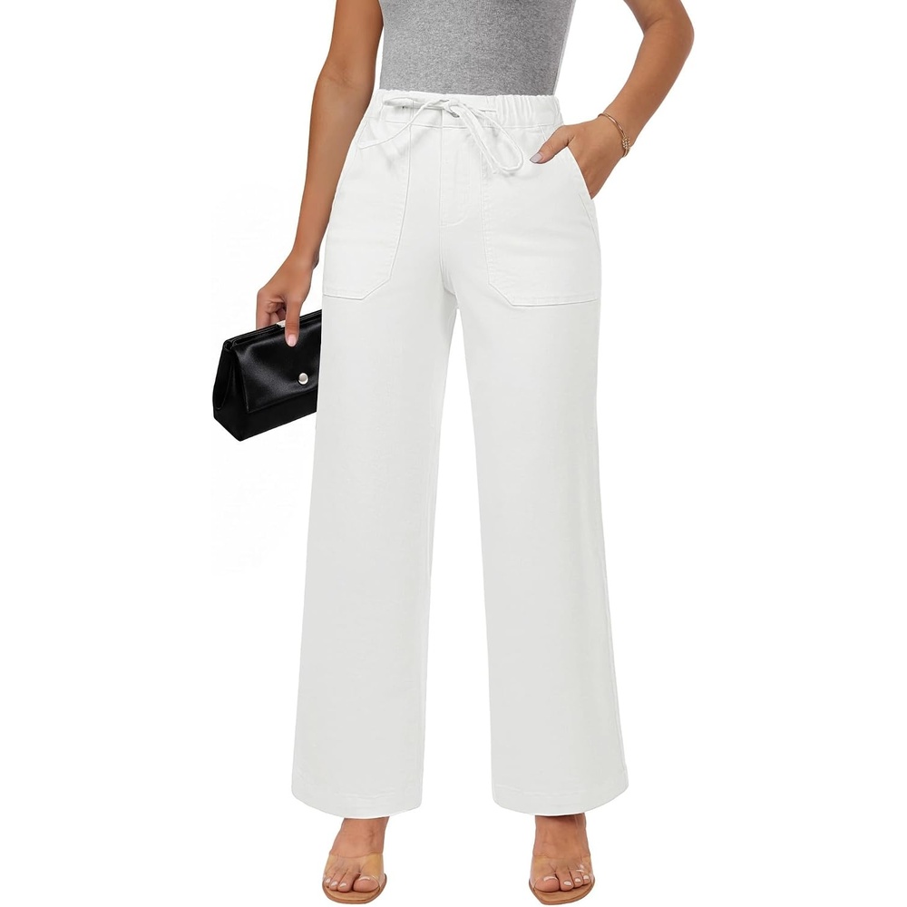 image:imageLookbookStore Drawstring Wide Leg Jeans for Women Baggy Pull On Denim Pants High Rise Elastic Waistband Western Chic Style Patch Pockets Country Concert Outfits Adjustable Drawstring Stretch DenimCream White