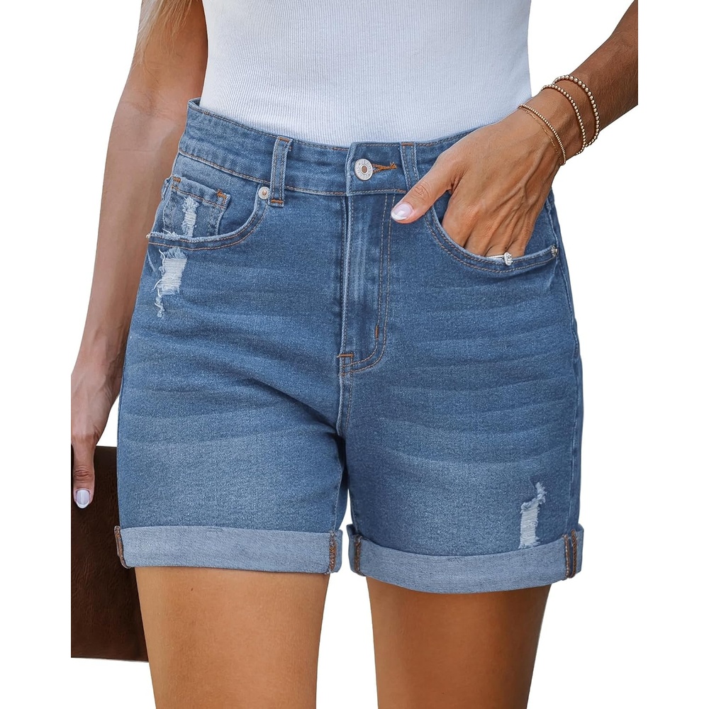 image:imageLookbookStore Jean Shorts Womens High Waisted Rolled Hem Ripped Denim Jorts Womens Denim Shorts High Rise Fit Stretchy Denim Distressed Ripped Folded Hem Mid Thigh Shorts Summer Vacation OutfitsLapis Air