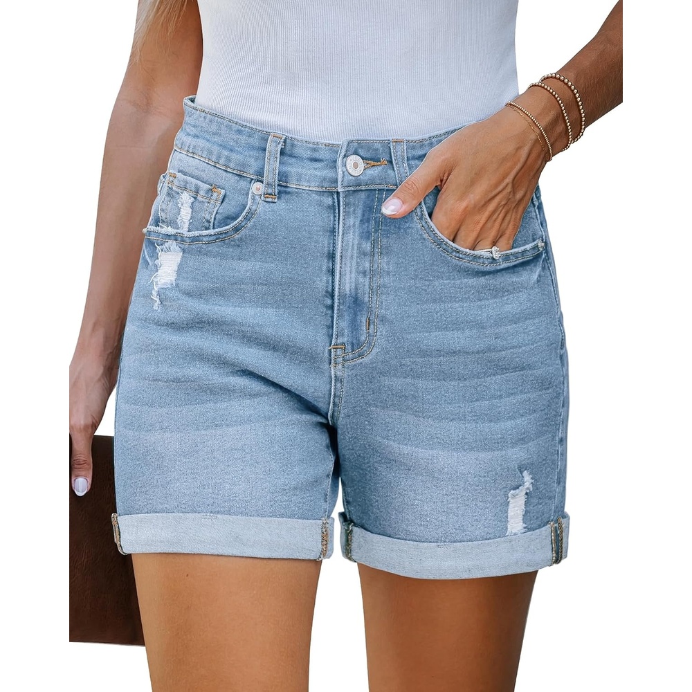 image:imageLookbookStore Jean Shorts Womens High Waisted Rolled Hem Ripped Denim Jorts Womens Denim Shorts High Rise Fit Stretchy Denim Distressed Ripped Folded Hem Mid Thigh Shorts Summer Vacation OutfitsCool Blue