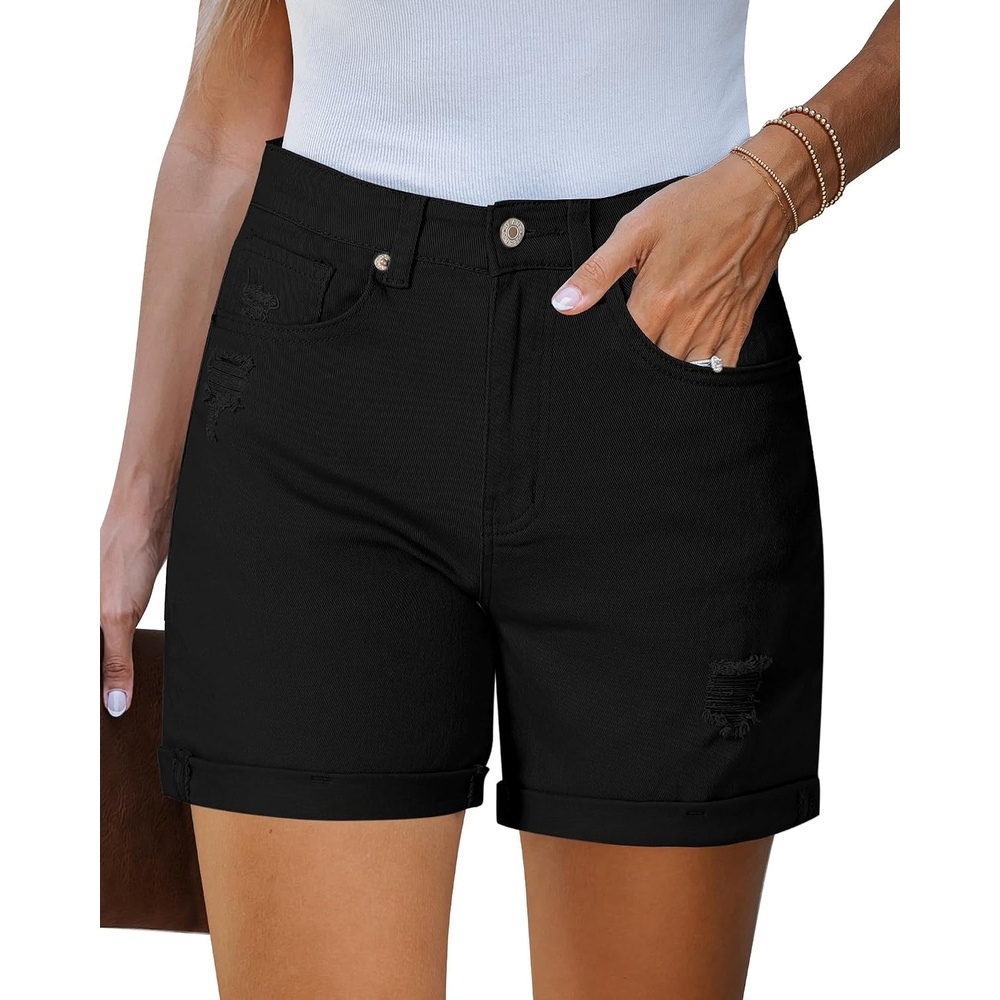 image:imageLookbookStore Jean Shorts Womens High Waisted Rolled Hem Ripped Denim Jorts Womens Denim Shorts High Rise Fit Stretchy Denim Distressed Ripped Folded Hem Mid Thigh Shorts Summer Vacation OutfitsTrue Black