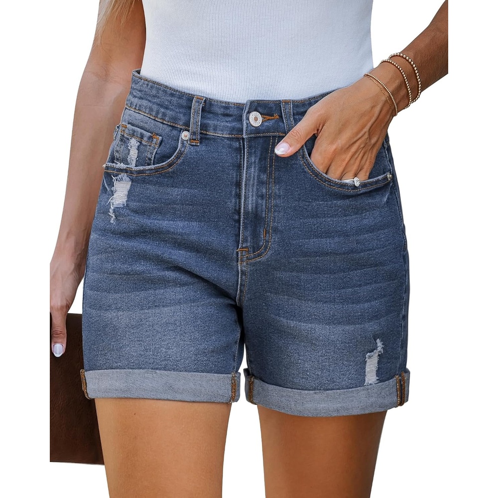 image:imageLookbookStore Jean Shorts Womens High Waisted Rolled Hem Ripped Denim Jorts Womens Denim Shorts High Rise Fit Stretchy Denim Distressed Ripped Folded Hem Mid Thigh Shorts Summer Vacation OutfitsReef Blue