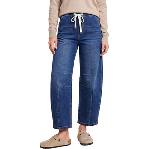 LookbookStore Barrel Jeans Women High Waisted Drawstring Crop Denim Pants | Barrel Leg, 27 Inch Inseam Womens Pants, High Rise with Elastic Waist, Seam Front, Pull On Baggy Cropped Jeans, Daily Casual(Classic Blue)