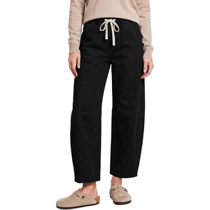 LookbookStore Barrel Jeans Women High Waisted Drawstring Crop Denim Pants | Barrel Leg, 27 Inch Inseam Womens Pants, High Rise with Elastic Waist, Seam Front, Pull On Baggy Cropped Jeans, Daily Casual(True Black)
