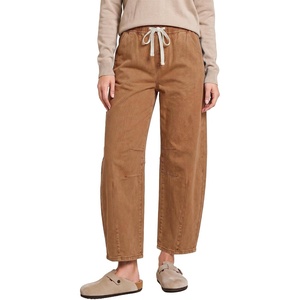 LookbookStore Barrel Jeans Women High Waisted Drawstring Crop Denim Pants | Barrel Leg, 27 Inch Inseam Womens Pants, High Rise with Elastic Waist, Seam Front, Pull On Baggy Cropped Jeans, Daily Casual(Caramel)
